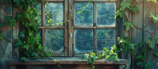 Fototapeta na wymiar Beautiful Natural Still Life with Old Wooden Windows and Mosaic Glass Covered in Green Ivy