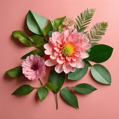 pink flowers with green leaves on a pink background