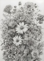 portrait of little flowers drawn in pencil on a page