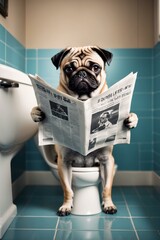A pug dog humorously perched on a toilet while 'reading' a newspaper, spoofing human bathroom habits