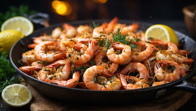Close-up of succulent cooked shrimps with herbs in a skillet, an inviting image for culinary enthusiasts and recipe sites
