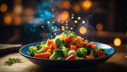 A tantalizing image of a hot vegetable stir-fry, with steam rising, placed on a rustic table against a cozy backdrop - obrazy, fototapety, plakaty