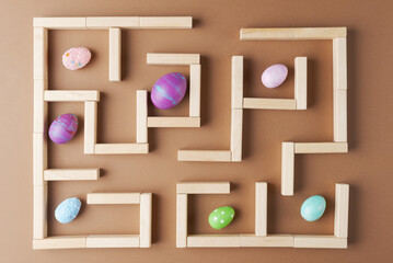 Vibrant Easter Eggs in Wooden Maze