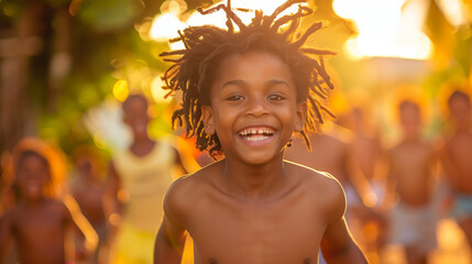 A young boy with vibrant dreadlocks exudes happiness as he smiles warmly at the camera on Juneteenth Freedom Day