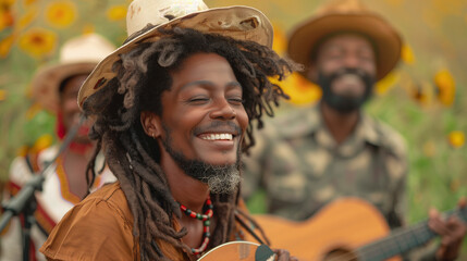 A man with dreadlocks pours his heart into playing a guitar, fingers effortlessly dancing across...