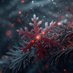 Crimson Snowflake Crystal Close-Up on Tree Branch