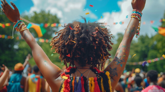 A woman with dreadlocks stands confidently before a diverse crowd, emitting a powerful presence as she addresses the audience, Juneteenth Freedom Day
