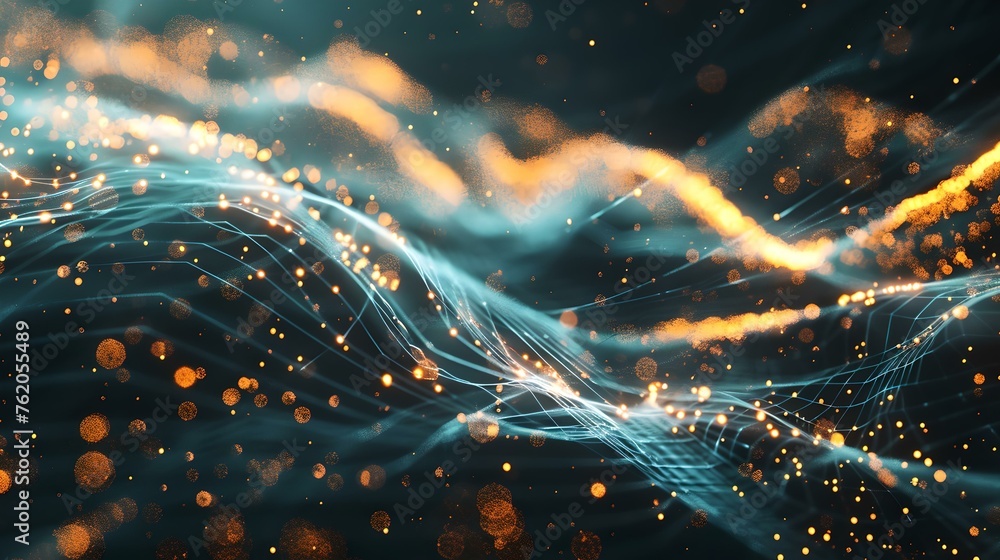 Poster abstract energy waves with particles on a dark background. dynamic flow of glowing lines. ideal for 