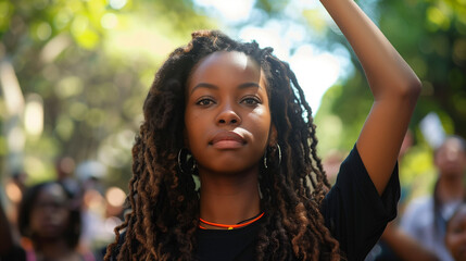A woman with dreadlocks raising her hand in celebration on Juneteenth Freedom Day, under the warm sun - obrazy, fototapety, plakaty