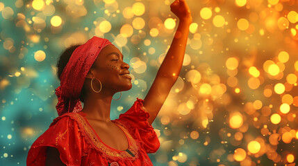 A woman in a vibrant red dress gracefully dances under a gentle rain shower, her movements fluid and expressive, Juneteenth Freedom Day