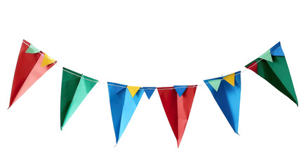 Fototapeta premium colorful, party garland with decorative festive flags. bright red green yellow blue colors; triangular shape, isolated on white, for party event wall decoration PNG