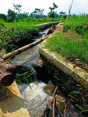 Irrigation in the rice fields with a small waterfall in it.