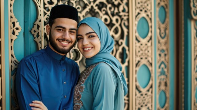 A Muslim man and woman praying together in a garden. Fictional character created by Generated AI. 