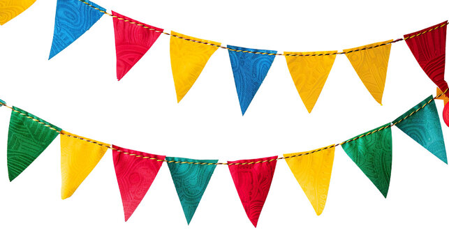 colorful, party garland with decorative festive flags. bright red green yellow blue colors; triangular shape, isolated on white, for party event wall decoration PNG