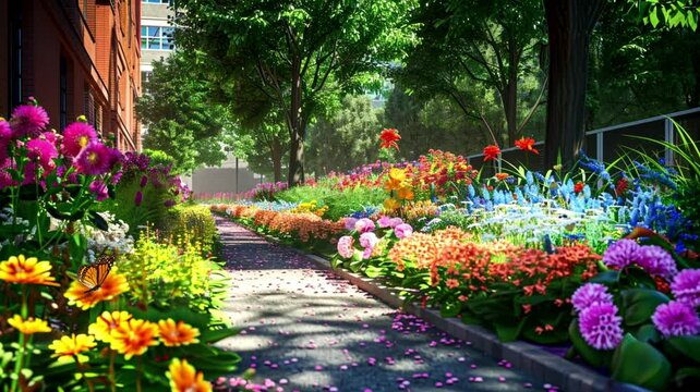 garden in front of the school bursting with colorful flowers and vibrant greenery, seamless looping background animation, anime style, for vtuber / streamer backdrop