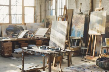 Artist's studio bathed in soft morning light, with canvases propped up on easels and paint palettes scattered across tables, Generative AI - obrazy, fototapety, plakaty