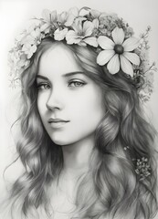 portrait of a woman with flowers in black and white drawn with pencil
