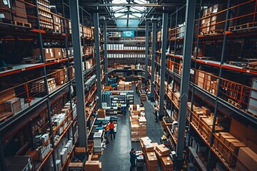 Bustling warehouse with workers sorting and packing orders, surrounded by shelves stocked with inventory, Generative AI