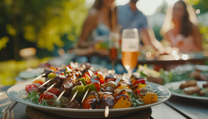 A plate of skewers of meat and vegetables is on a grill