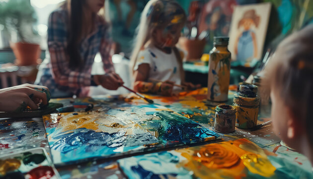 A group of people are painting on a table with a variety of colors