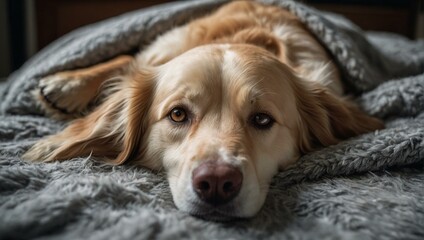An adorable sleeping dog, partially hidden under a cozy grey blanket, offering a sense of warmth and comfort