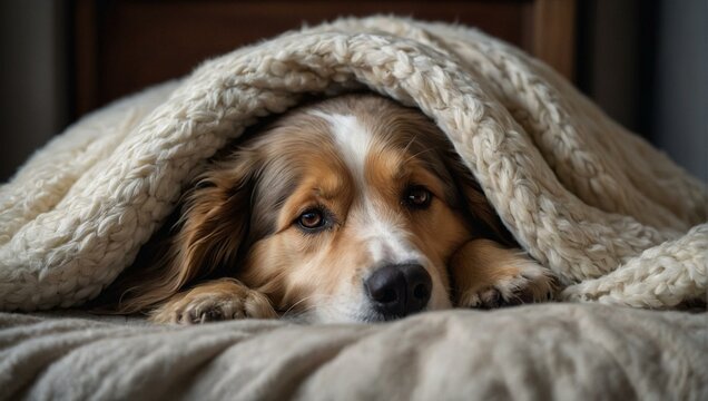 The image captures a sense of tranquility with a dog concealed under an off-white blanket, conveying warmth and serenity