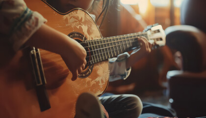 A young girl is playing a guitar in a living room