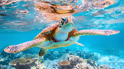 Green sea turtle gliding over coral reef in clear blue ocean showcasing marine biodiversity and ecology.