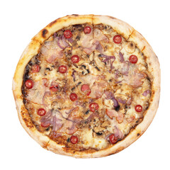 Delicious classic italian Pizza with spicy chicken, mushrooms and cheese isolated on white background