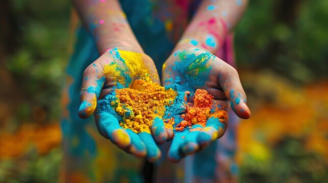 Closeup of hands holding colorful powder. Happy holi concept