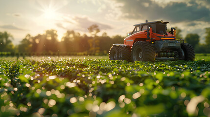 An advanced red tractor Robotic-operates in a lush, dew-covered field, illuminated by the golden...