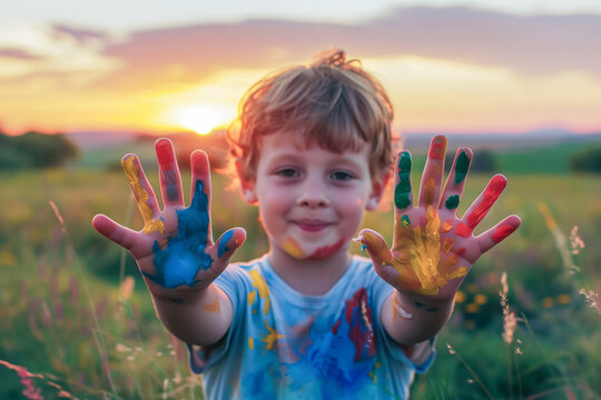 Happy young boy showing colorful painted hands outdoors at sunset in a field, symbolizing creativity and play..