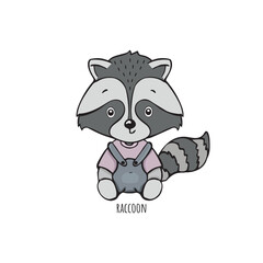 cute raccoon sitting in clothes vector children's illustration
