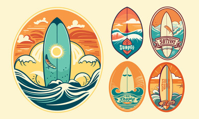 Retro Surf logo templates set. Vintage logo with surfing board, sea and sun.