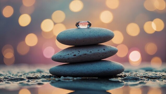 A harmonious stack of three smooth Zen stones with a glistening water drop at twilight, symbolizing balance