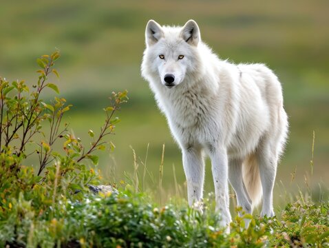 arctic white wolf on a background of green grass background.
