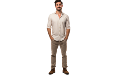 A Man Standing With His Hands in His Pockets. On a White or Clear Surface PNG Transparent Background.