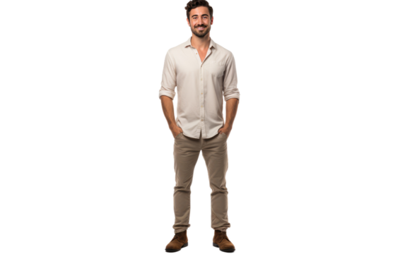 A Man Standing With His Hands in His Pockets. On a White or Clear Surface PNG Transparent Background. - Powered by Adobe
