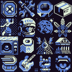 Abstract cyberpunk pixel art background. Design application. 1-bit. Video game sprite. Game assets. Vector illustration. Design for web,  logo, sticker, mobile app.