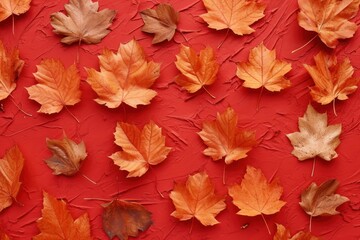 Dry brown maple leaves on red backgroun - obrazy, fototapety, plakaty