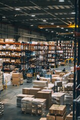 Bustling warehouse with workers sorting and packing orders, surrounded by shelves stocked with inventory, Generative AI