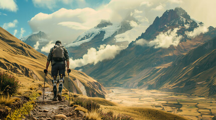 Solo traveler with prosthetic limb hiking Andes