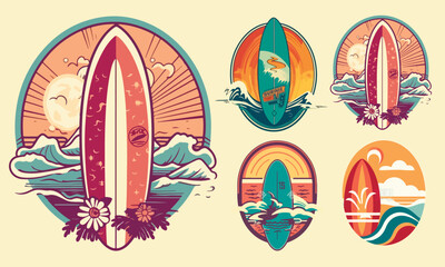 Retro Surf logo templates set. Vintage logo with surfing board, sea and sun.