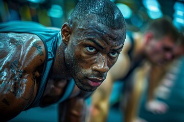 Obraz premium Gym environment, highlighting individuals in mid-exercise, portraying the discipline and intensity fitness.