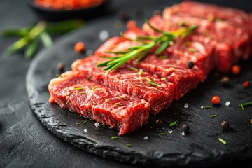 Foto op Plexiglas Mouth-watering beef slices with exotic sauce and black stone seasonings © ЮРИЙ ПОЗДНИКОВ