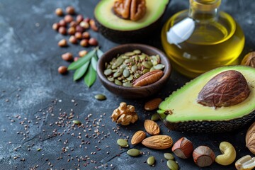 Sumptuous platter: avocado, nuts, seeds, olive oil with space for your creativity