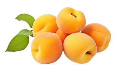 A Pile of Peaches With Leaves on a White Background. On a White or Clear Surface PNG Transparent Background.