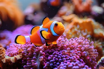 Underwater Harmony: Colorful Clownfish with Bright Corals in a Marine Aquarium