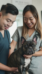 A French Bulldog with vet in a clinic.