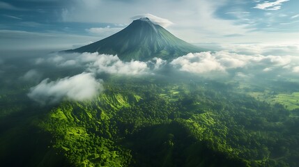 A majestic volcano surrounded by lush greenery - obrazy, fototapety, plakaty